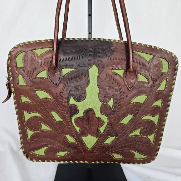 Leaders in Leather Tote Laptop Bag Hand Tooled Cutout Brown Green Paraguay - Picture 5 of 16